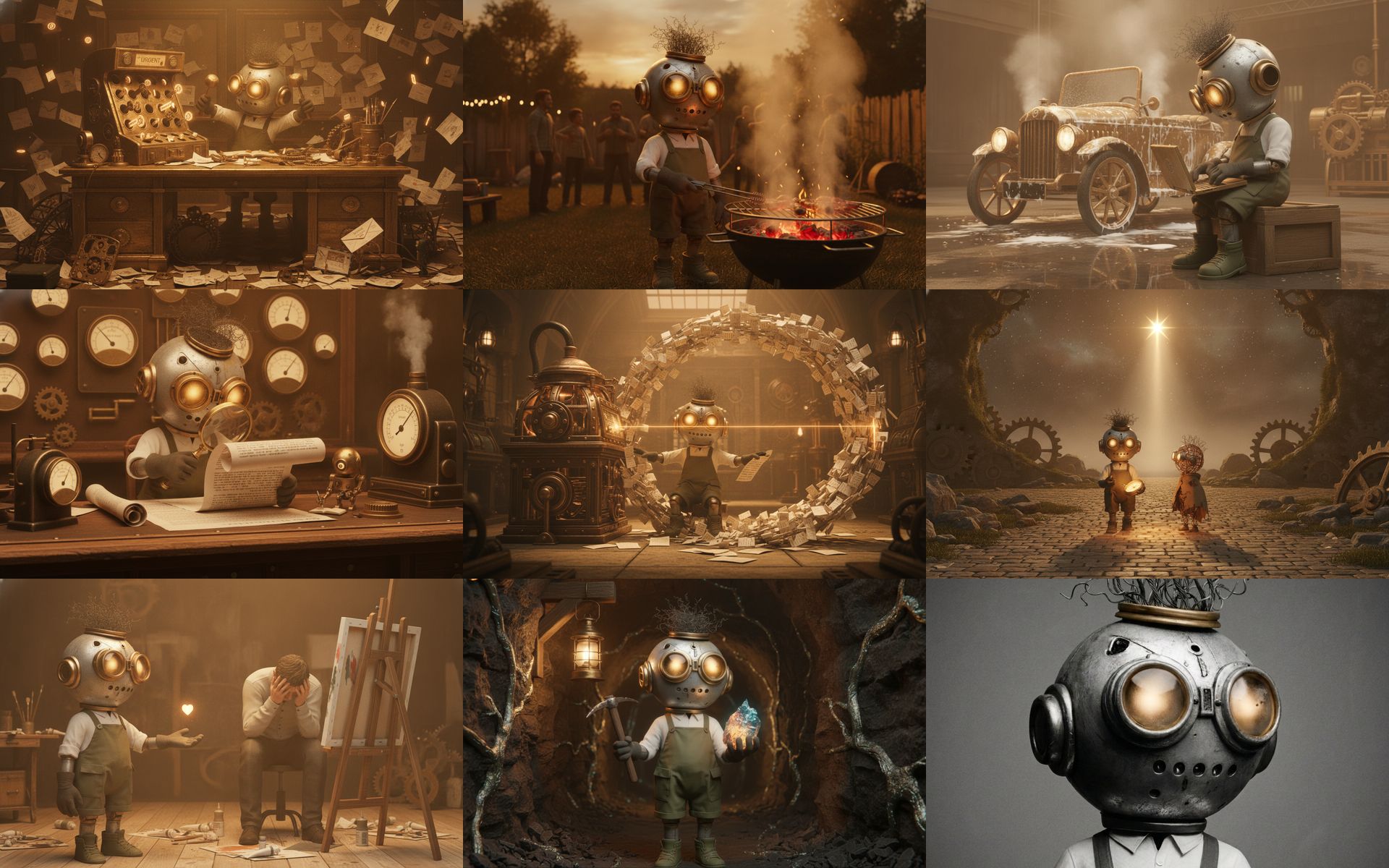 Nine scenes side by side, the same character in each