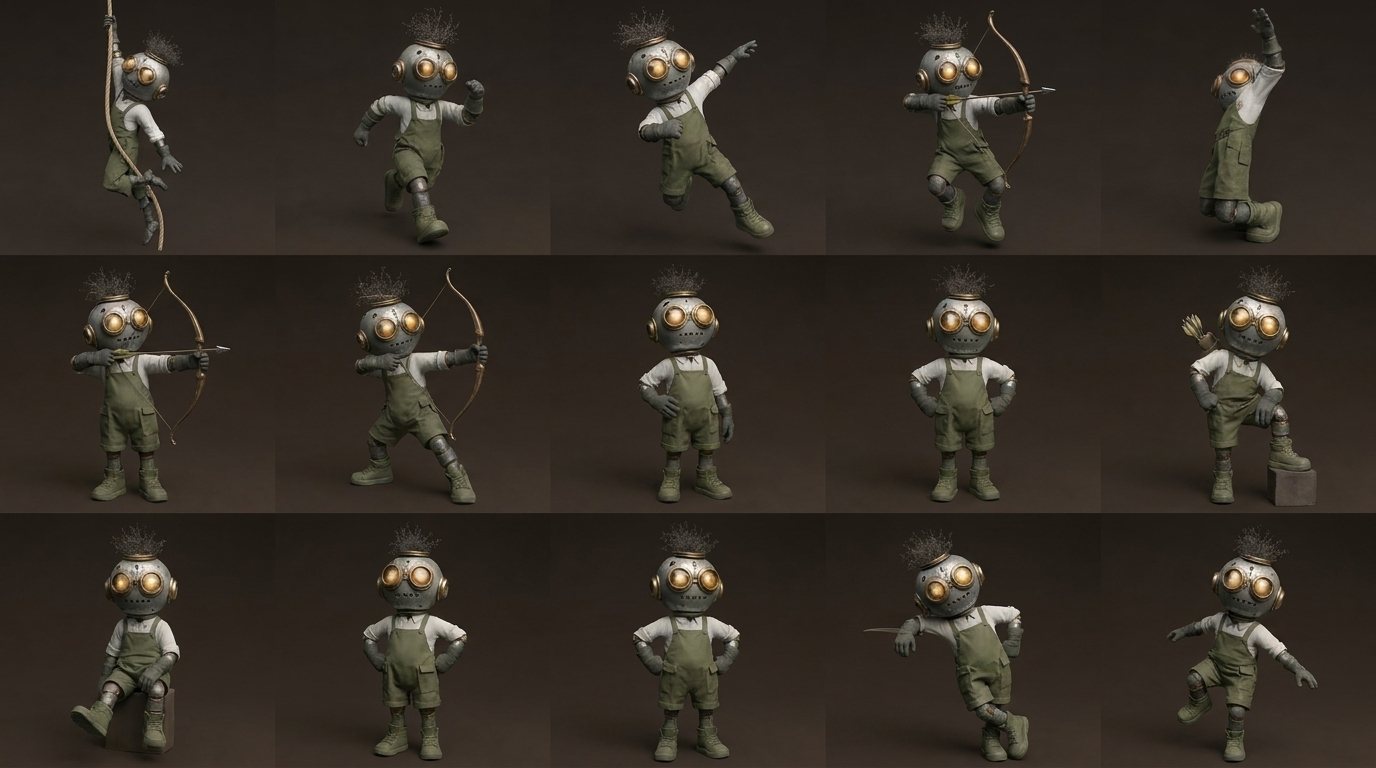 Fifteen on-model poses generated from one instruction and a hand-drawn pose sheet